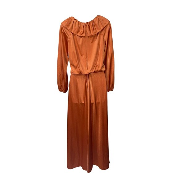 Vintage Handmade Gladys Burnt Orange Long Dress With Ruffle Collar & Elastic Cuf - Picture 2 of 8